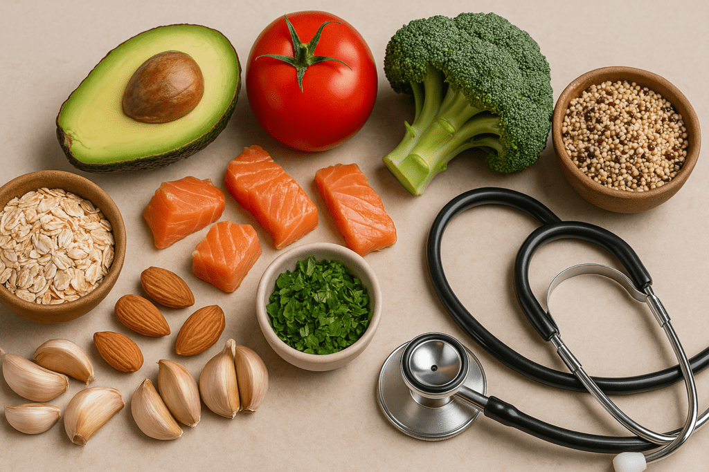An assortment of low-sodium foods such as salmon, avocado, broccoli, oats, almonds, garlic, and quinoa with a stethoscope arranged on a neutral surface to represent healthy salt alternatives for hypertension.