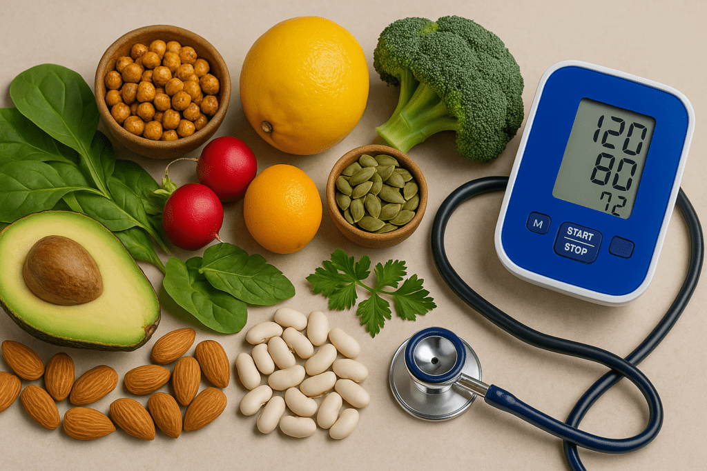 Fresh fruits, vegetables, avocado, white beans, almonds, pumpkin seeds, and a digital blood pressure monitor shown together as doctor-recommended natural salt substitutes for high blood pressure control.