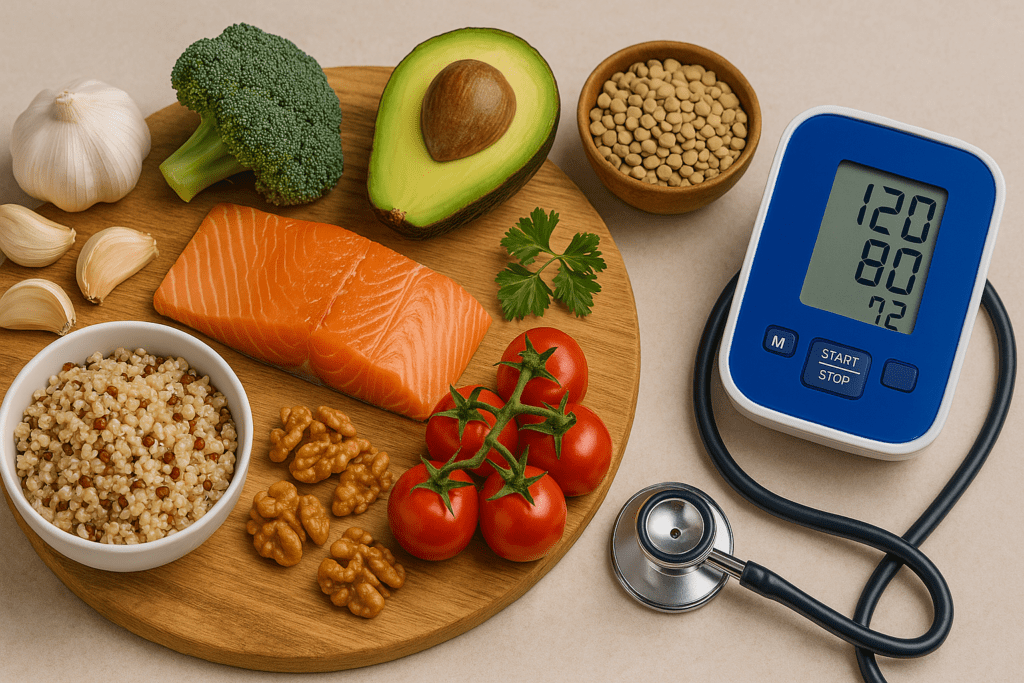 A wooden cutting board with salmon, garlic, avocado, tomatoes, walnuts, quinoa, and a digital blood pressure monitor illustrating nutrient-rich salt alternatives for supporting healthy blood pressure.