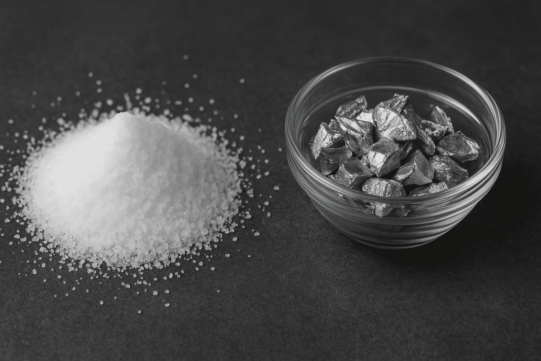 Visual comparison of metallic sodium chunks in a glass bowl and a mound of white table salt granules on a dark background, illustrating the difference between sodium and salt.