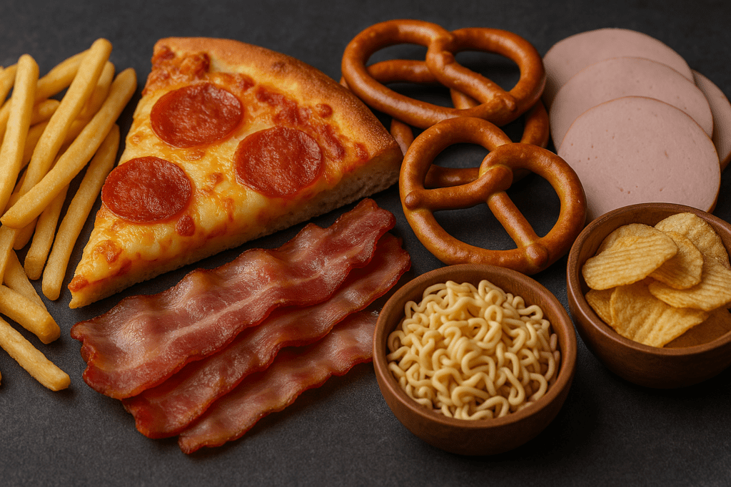 Assortment of high sodium processed foods including pepperoni pizza, bacon, deli meat, pretzels, French fries, potato chips, and instant noodles arranged on a dark surface.