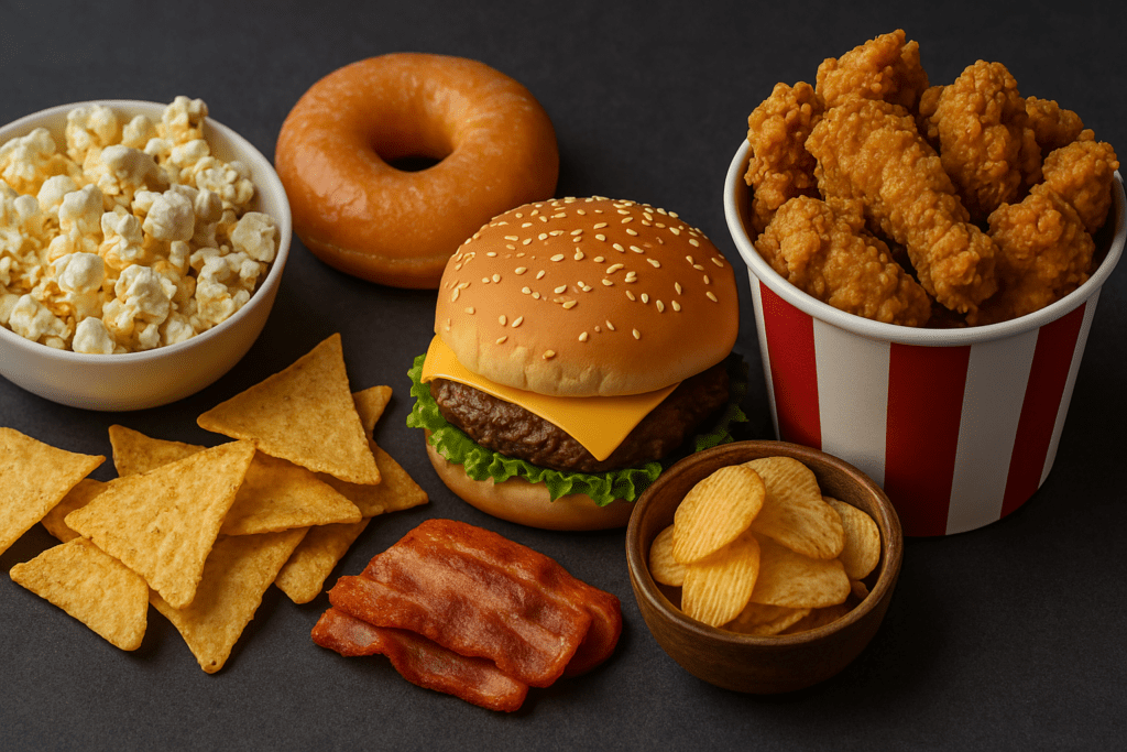 Variety of high sodium fast foods and snacks such as cheeseburger, fried chicken, popcorn, tortilla chips, donut, potato chips, and imitation bacon laid out on a dark background.