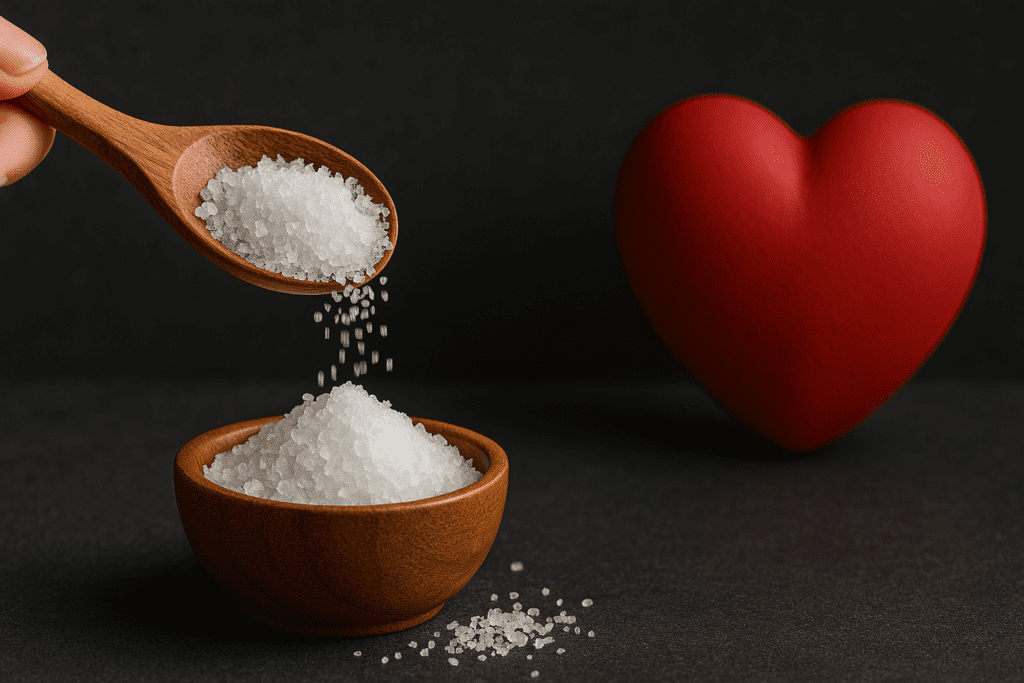 Close-up of coarse salt being poured from a wooden spoon into a bowl with a blurred red heart in the background, symbolizing the connection between salt intake and heart health.