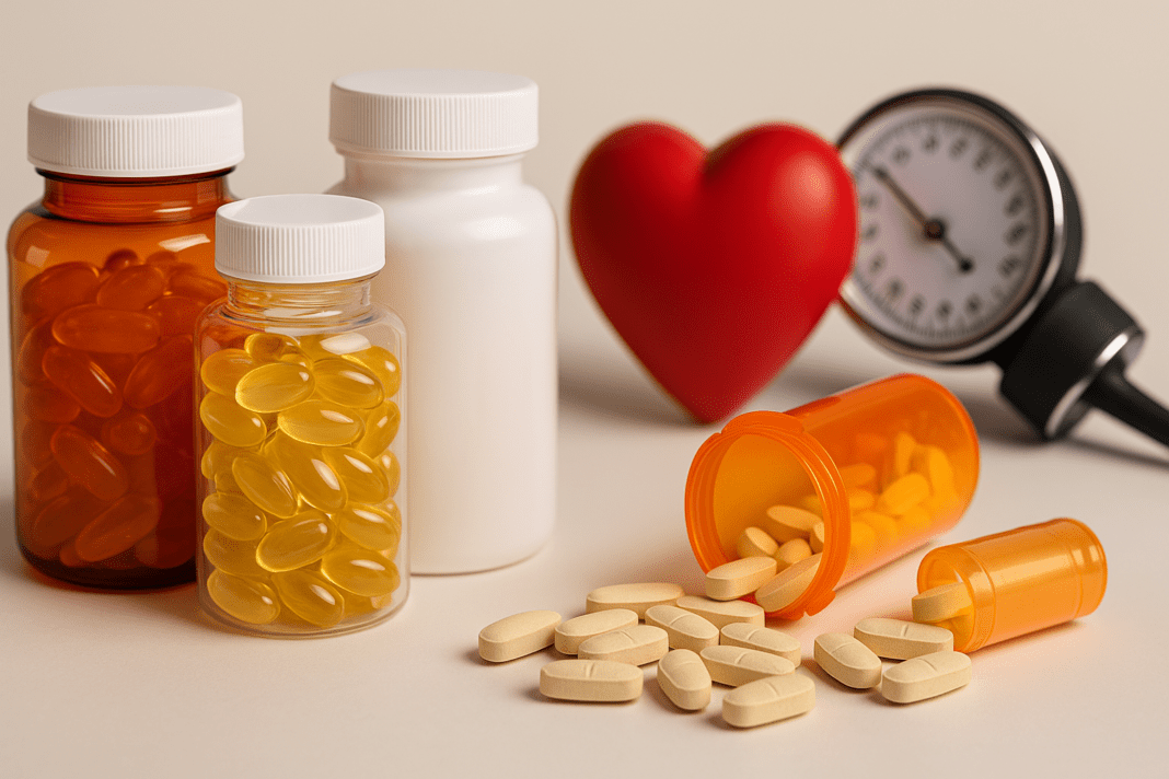 Assorted vitamin bottles, prescription tablets, and a red heart model beside a sphygmomanometer, visually representing the interaction between supplements and blood pressure medications.