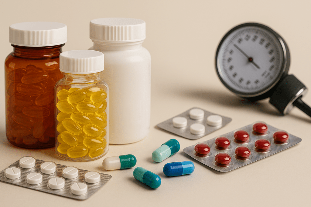 Vitamin and supplement bottles with various colored capsules and blister packs, placed beside a blood pressure monitor, symbolizing caution in combining over-the-counter vitamins with hypertension medications.