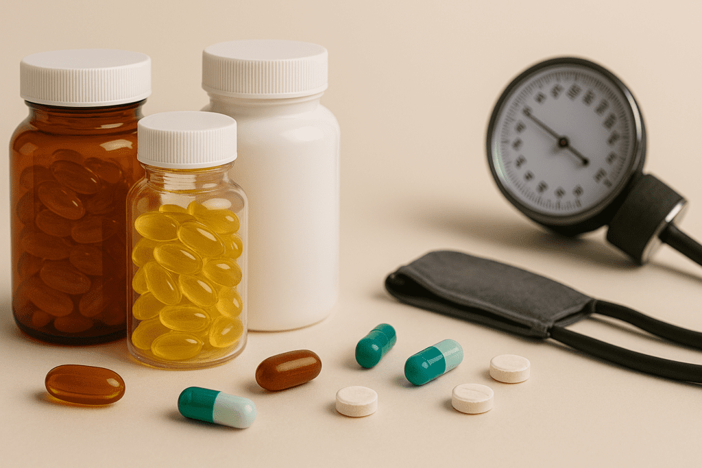 Three bottles of dietary supplements with loose capsules and tablets in front, next to a blood pressure cuff and monitor, illustrating the potential risks of vitamin use in heart health management.