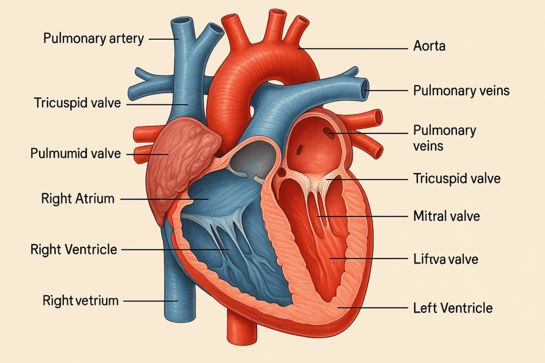 Digital 2D medical illustration showing a front view of the human heart with vividly colored chambers, valves, arteries, and veins, highlighting the structure and pathways of blood flow for both oxygenated and deoxygenated blood.