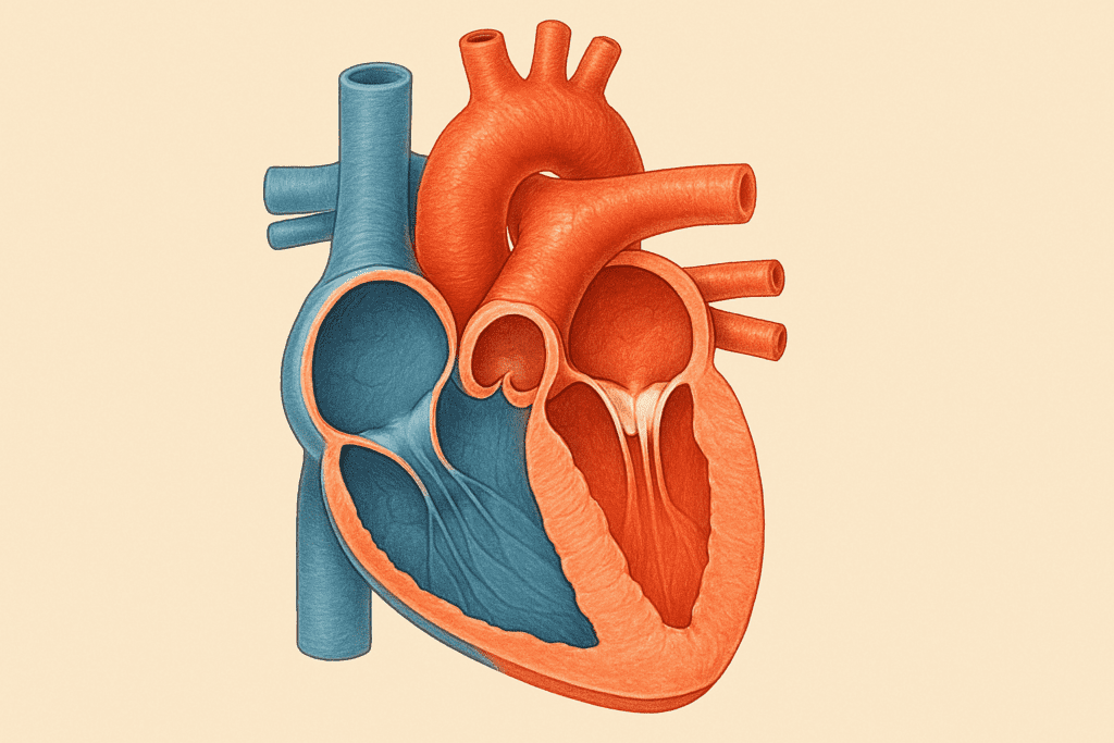Anatomically accurate cross-sectional illustration of the human heart, showing internal chambers, major blood vessels, and heart valves with clear color distinction between oxygenated (red) and deoxygenated (blue) blood flow.