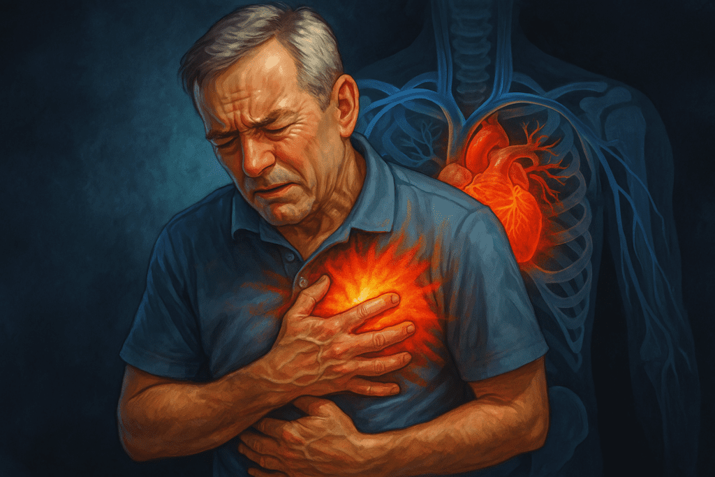 *Digital illustration of a middle-aged man experiencing silent heart attack symptoms with glowing heart pain against a semi-transparent anatomical background representing internal cardiovascular stress*