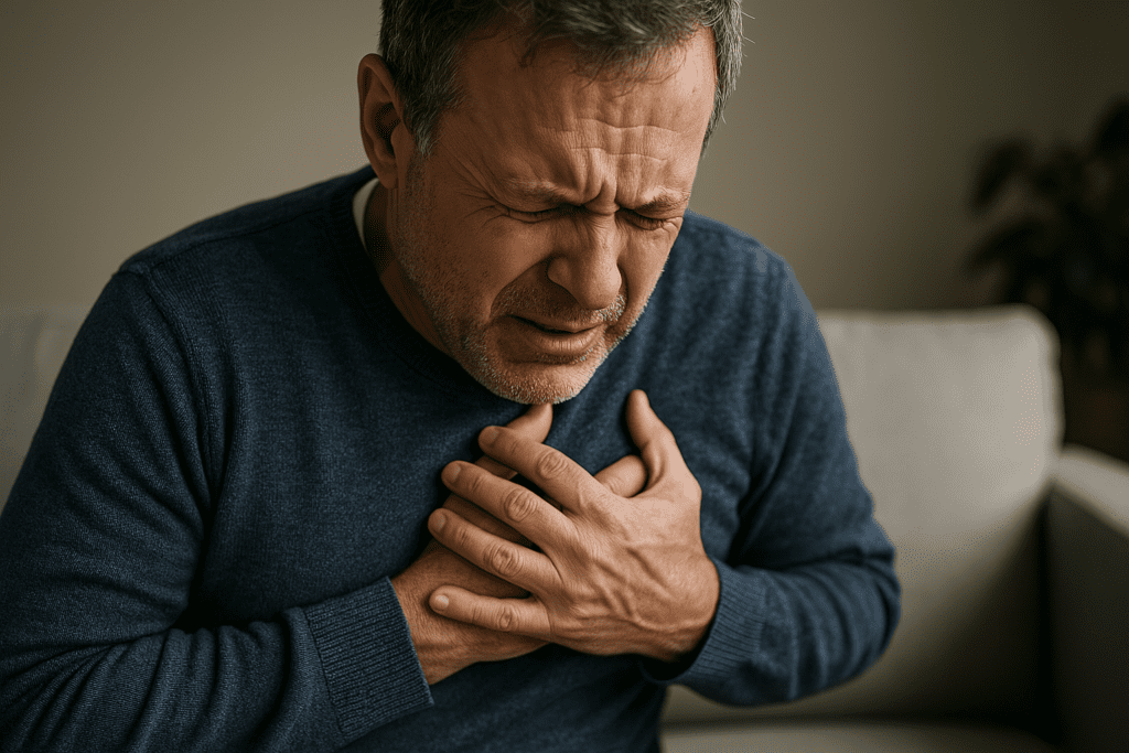 A middle-aged man with light skin sits on a sofa clutching his chest in visible discomfort, eyes closed and face tense, illustrating a silent heart attack symptom.