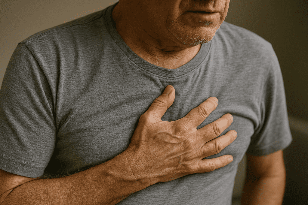 A close-up image of an older man’s hand pressed against his chest, highlighting subtle signs of chest discomfort often associated with a silent heart attack.
