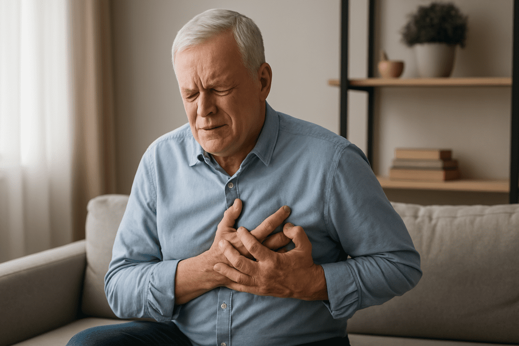 An older Caucasian man in his sixties sits on a sofa clutching his chest in discomfort, illustrating a potential symptom of a silent heart attack in a calm, softly lit living room setting.