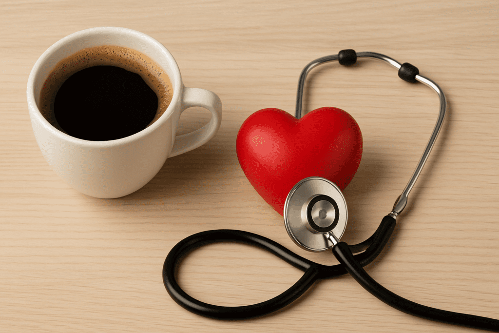 A photograph displays a white ceramic coffee cup filled with black coffee next to a red heart model connected to a stethoscope, resting on a wooden table, visually representing the scientific connection between caffeine and heart health.