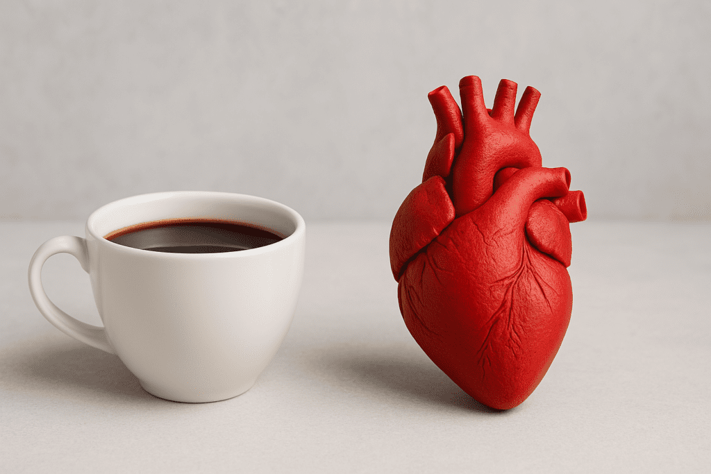 A white ceramic coffee cup filled with black coffee beside a red anatomical heart model on a gray surface, visually exploring the connection between caffeine and cardiovascular health.