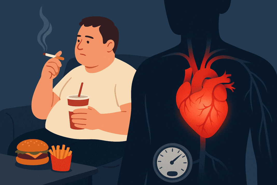 A digital illustration depicts lifestyle factors contributing to heart disease, showing an overweight man smoking and drinking soda on a couch with fast food nearby, contrasted against a glowing red human heart and elevated blood pressure gauge on a dark silhouette.