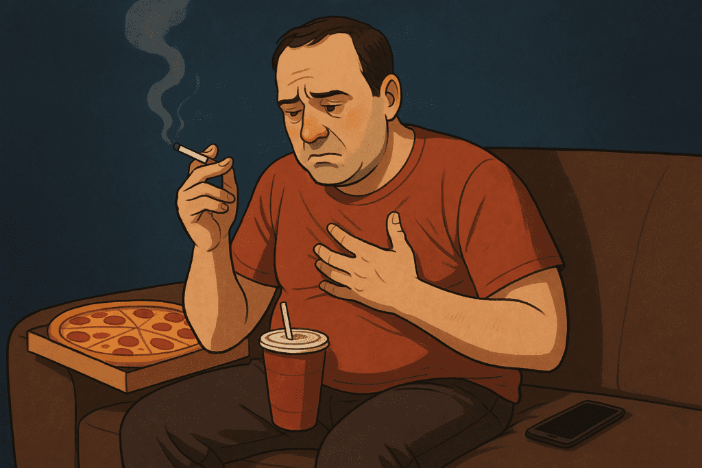 A middle-aged man sits on a couch holding a cigarette and a soda, with a pizza box beside him, clutching his chest in discomfort—representing how poor diet, smoking, and sedentary habits contribute to heart disease over time.