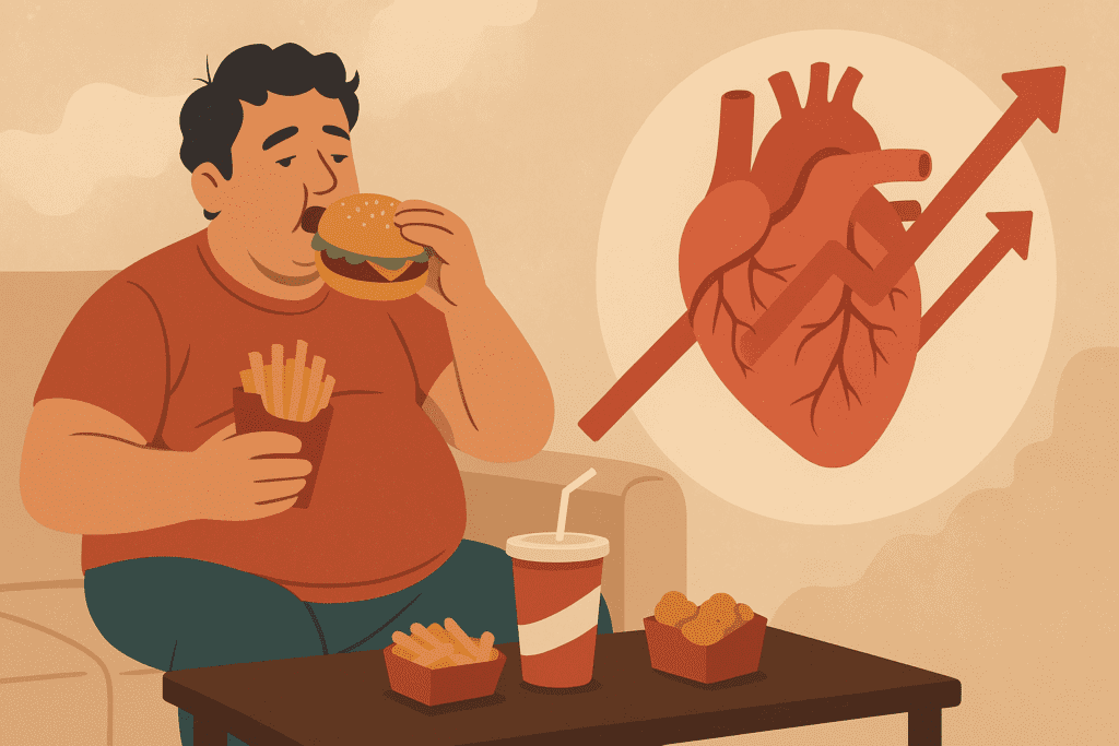 A middle-aged man with light skin and a slightly overweight build lounges on a beige couch, eating fast food. He holds a hamburger in one hand and a carton of fries in the other, with a cup of beverage and chicken nuggets on the coffee table. His tired expression and dark circles under his eyes suggest exhaustion. A red heart graphic with upward arrows appears beside him, symbolizing the increasing risk of heart disease due to unhealthy lifestyle choices. The scene is set against a warm-toned background.