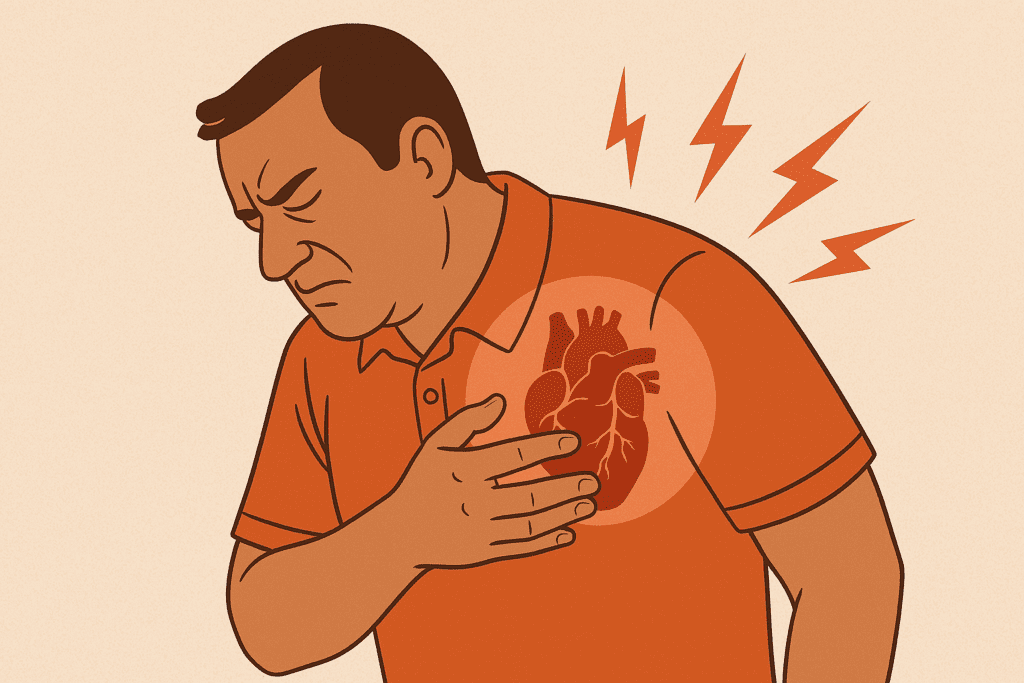 Illustration of a middle-aged man clutching his chest in pain with a visible anatomical heart and red lightning bolts symbolizing heart distress, representing the cumulative impact of lifestyle factors on heart disease over time.