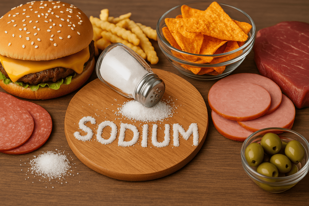 Assorted high-sodium foods including a cheeseburger, deli meats, French fries, tortilla chips, and a salt shaker on a wooden table, symbolizing excess sodium intake and its impact on heart health.