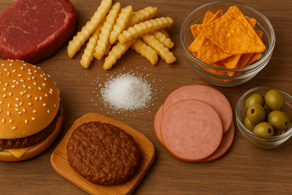 A selection of salty foods such as raw steak, potato chips, hamburger, cold cuts, olives, and coarse salt displayed on a rustic wooden surface to highlight hidden dietary sodium sources.