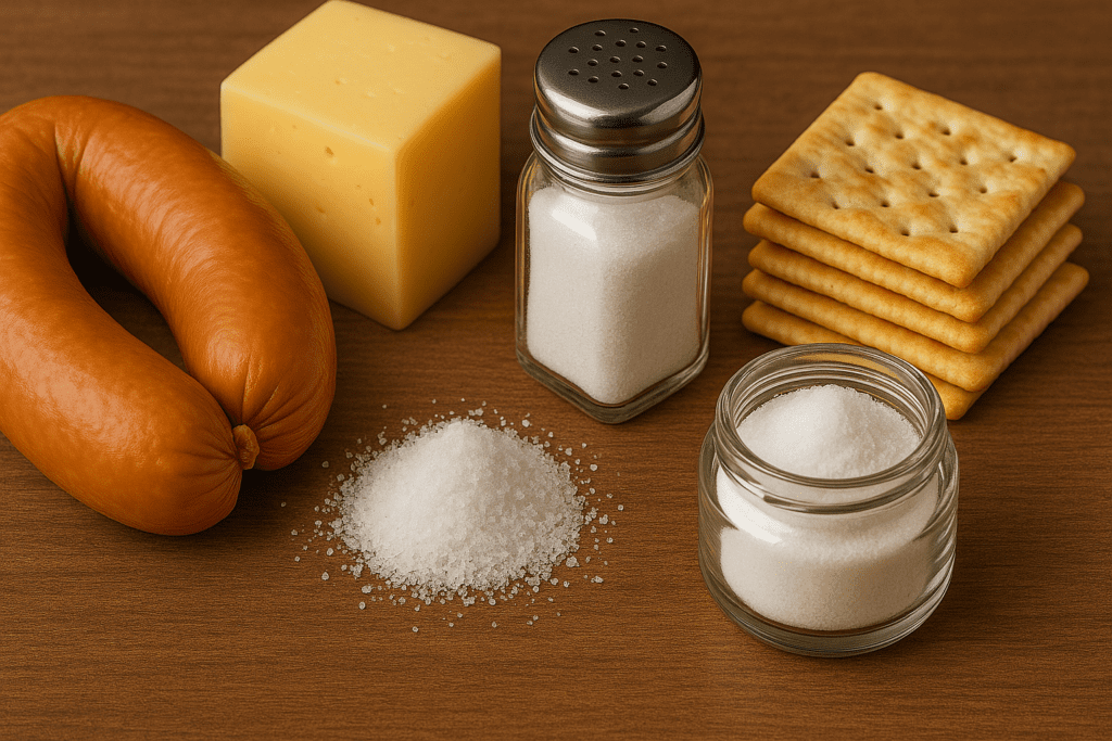 Close-up of sodium-rich snacks including kielbasa sausage, cheese block, crackers, salt shaker, and coarse salt on a wooden table, illustrating common contributors to high sodium consumption.