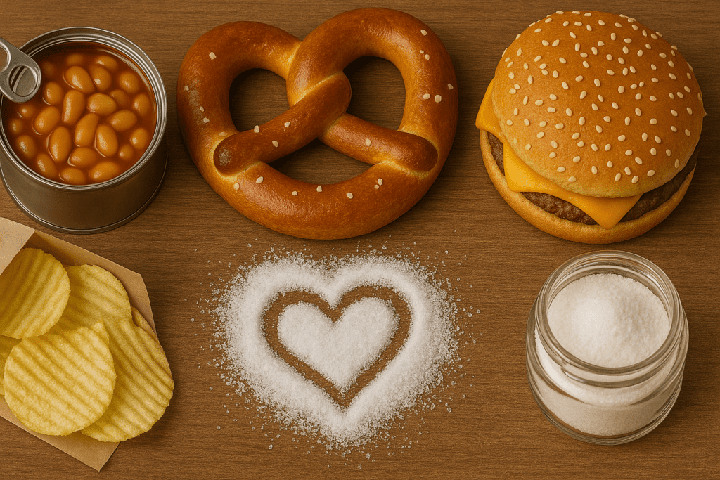 High-sodium foods like baked beans, pretzel, potato chips, and cheeseburger arranged around a heart-shaped pile of salt, representing the link between salt intake and heart disease.