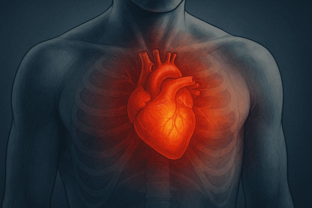 Medical illustration of a glowing human heart in red and orange tones, centered in the chest of a semi-transparent upper body showing ribcage and muscles, visually representing early warning signs of a heart attack.