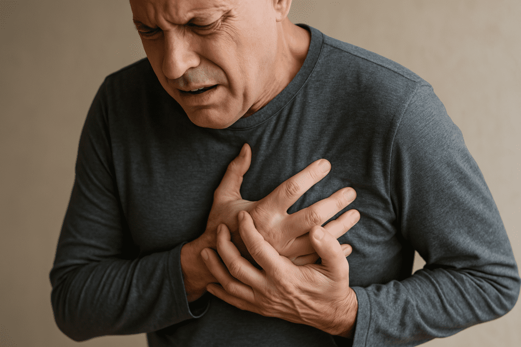 A photograph captures a middle-aged man clutching his chest in pain with a distressed facial expression, representing a potential early sign of a heart attack or cardiac distress.