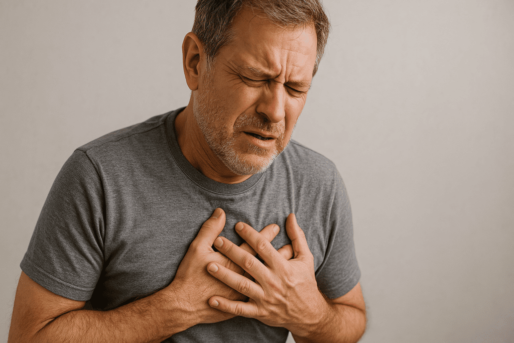 A middle-aged man clutching his chest in visible pain, representing early signs of a heart attack such as chest pressure or discomfort.