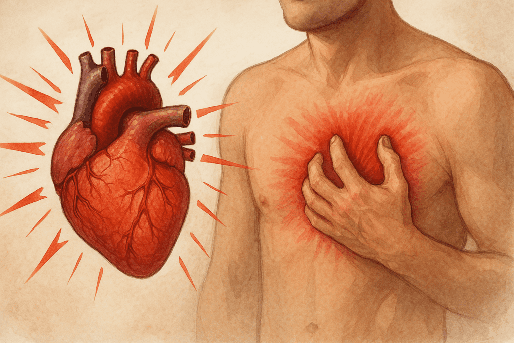 A medical illustration showing a man clutching his chest in pain with red radiating lines indicating chest discomfort, positioned next to an anatomically detailed heart, symbolizing early signs of a heart attack.