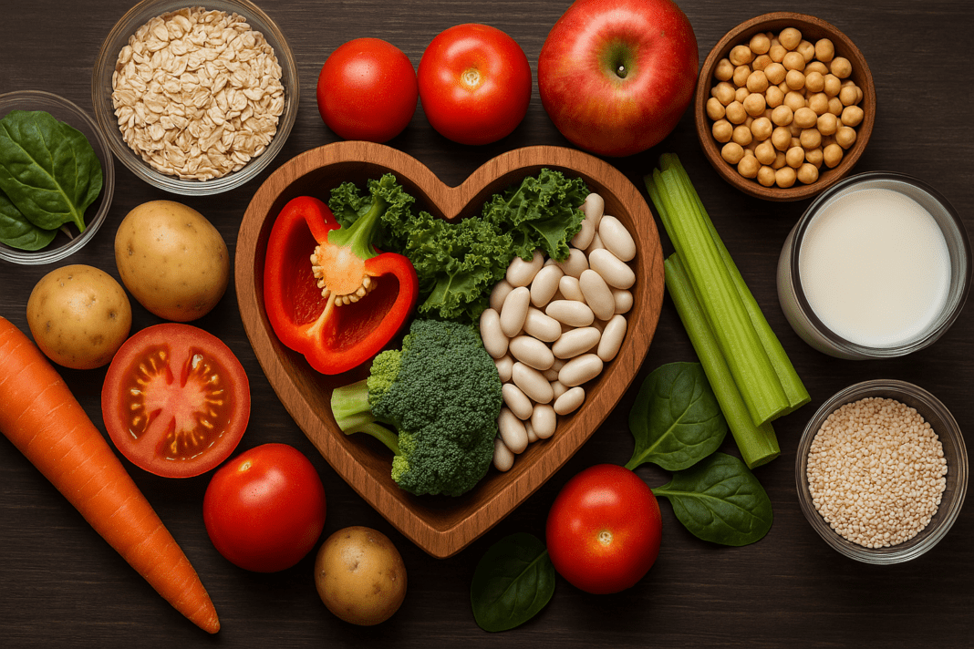 Heart-healthy foods including spinach, white beans, tomatoes, carrots, oats, and broccoli arranged on a dark wooden surface—ideal for supporting low blood pressure and hypovolemia nutrition.