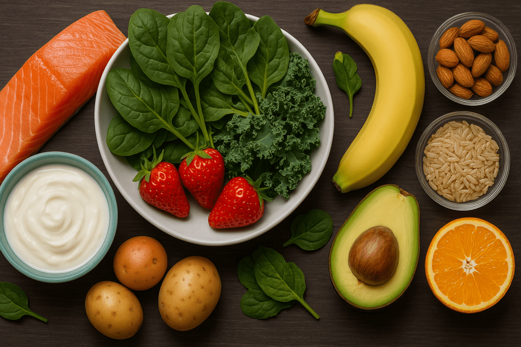 A colorful assortment of foods like salmon, leafy greens, bananas, avocado, yogurt, and strawberries, rich in nutrients that help manage hypotension and maintain blood volume.