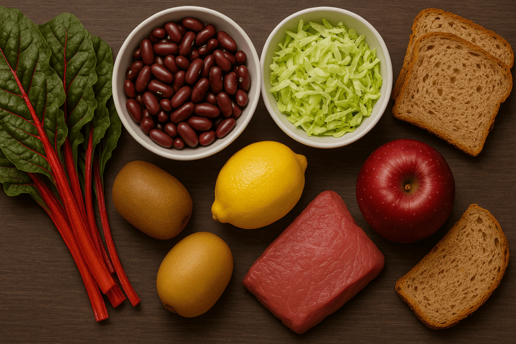 Balanced meal ingredients featuring kidney beans, Swiss chard, lean beef, whole grain bread, lemon, apple, and shredded cabbage—nutrient-dense options to support blood pressure in hypovolemia.