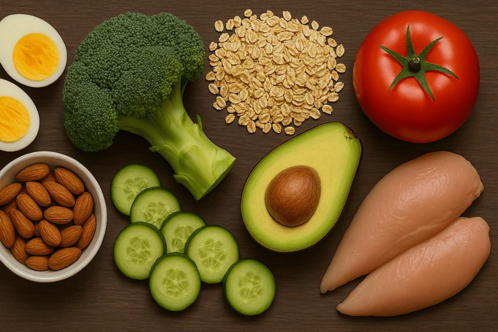 Fresh ingredients including chicken breast, avocado, cucumber, eggs, almonds, tomato, and broccoli—foods that promote stable blood pressure and proper fluid retention.