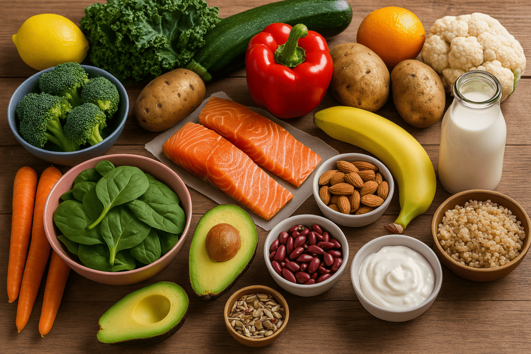 A high-resolution digital photograph displays a wooden surface covered with fresh, nutrient-rich foods including leafy greens, salmon, colorful vegetables, yogurt, seeds, and grains—representing a healthy grocery shopping list for sustainable weight loss.