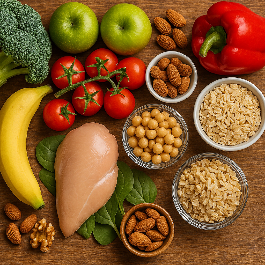 A high-resolution digital photograph displays a selection of nutrient-rich foods including fresh vegetables, fruits, whole grains, legumes, and lean proteins, arranged neatly on a rustic wooden surface to represent a balanced, weight-loss-focused grocery haul.