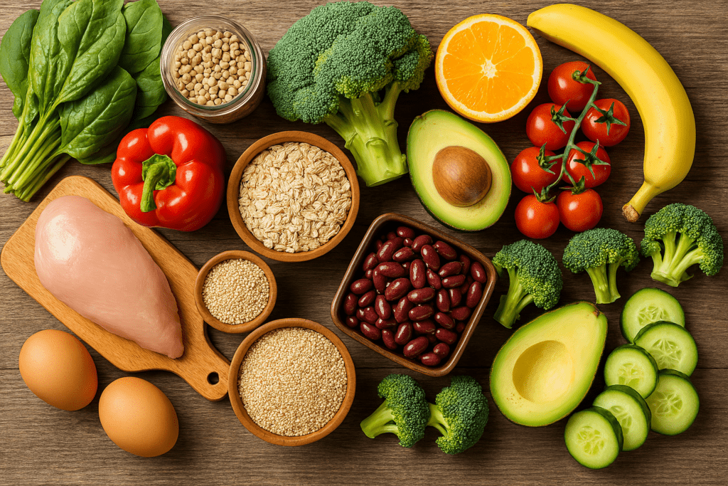 A high-resolution photograph captures an assortment of colorful fruits, leafy greens, legumes, and lean proteins neatly organized on a rustic wooden table, illustrating a realistic and nutritious grocery shopping selection for weight loss.
