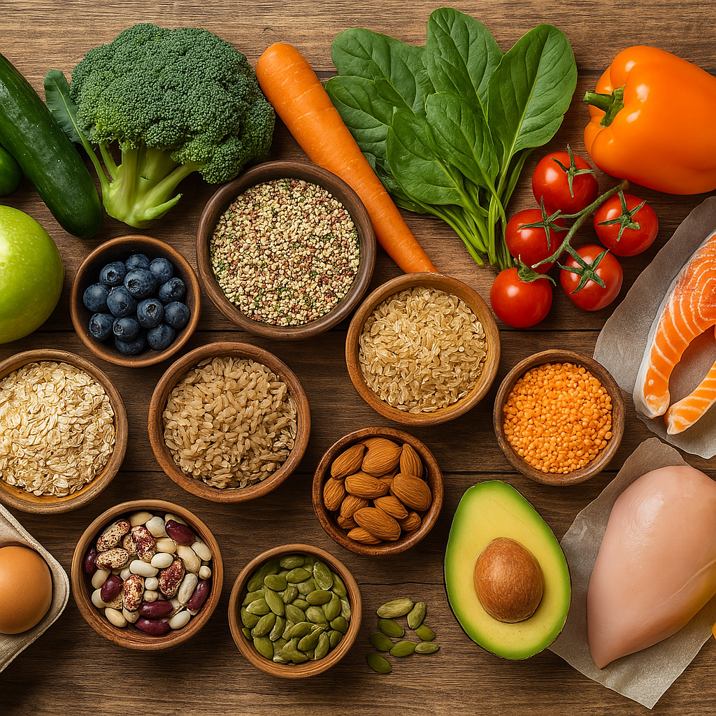 A high-resolution digital photograph displays an array of fresh, nutrient-dense foods including broccoli, bananas, salmon, tomatoes, carrots, oats, and seeds, all arranged on a rustic wooden table to reflect a healthy grocery shopping list for sustainable weight loss.