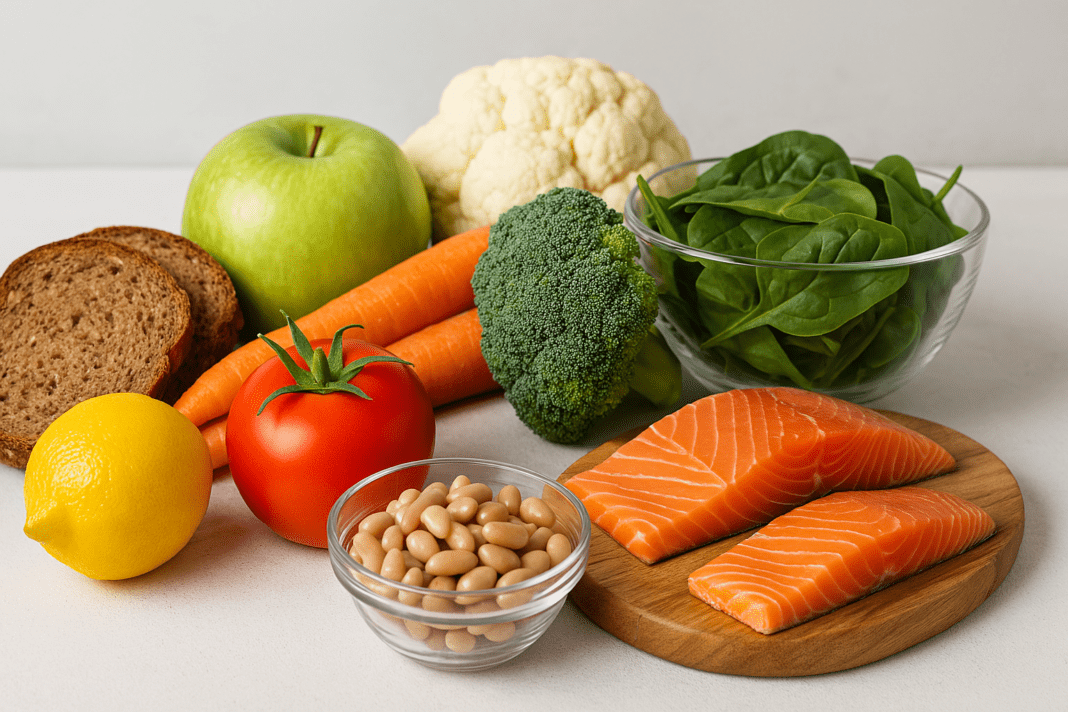 A variety of heart-healthy, low-sodium foods including salmon, beans, spinach, broccoli, carrots, whole grain bread, apple, lemon, tomato, and cauliflower arranged on a white surface.