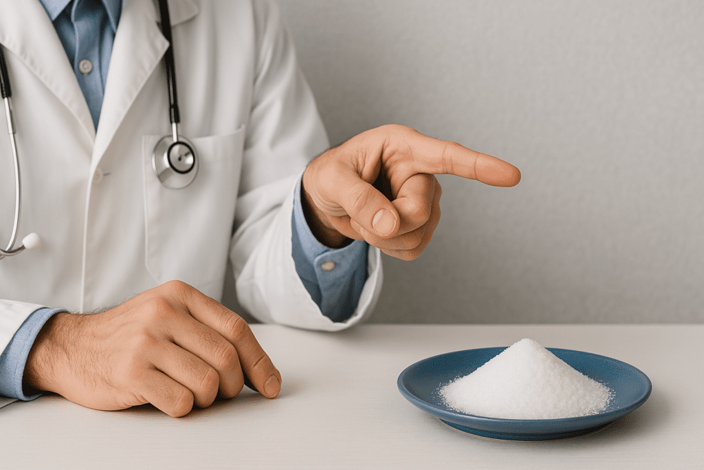 A doctor in a white coat pointing at a plate filled with salt, emphasizing reduced sodium intake for better heart health.