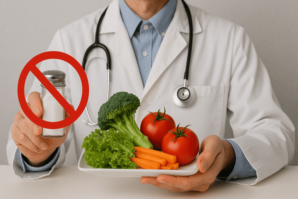 A doctor holding a plate of fresh vegetables while refusing a salt shaker with a red prohibition sign, symbolizing dietary changes to lower high sodium levels.