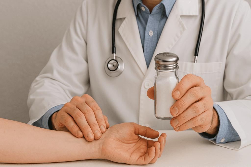 A doctor measuring a patient’s pulse while holding a salt shaker, highlighting the link between sodium intake and blood pressure monitoring.