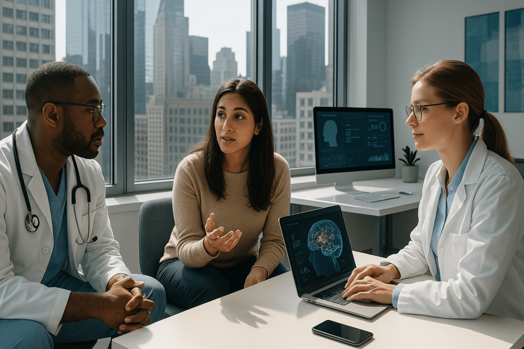 A diverse group of medical professionals and tech innovators collaborate in a modern NYC office, surrounded by digital brain scan visuals and large windows showcasing the city skyline, representing the intersection of healthcare and mental health tech startups in 2025