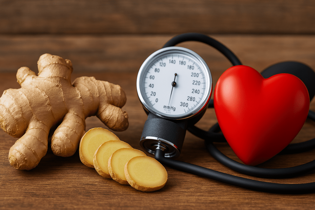Fresh ginger root and slices with a blood pressure gauge and red heart model on a wooden table, symbolizing natural heart health and hypertension management.