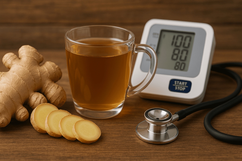 A cup of ginger tea, sliced ginger root, digital blood pressure monitor, and stethoscope on a rustic surface, highlighting the potential benefits of ginger for blood pressure control.