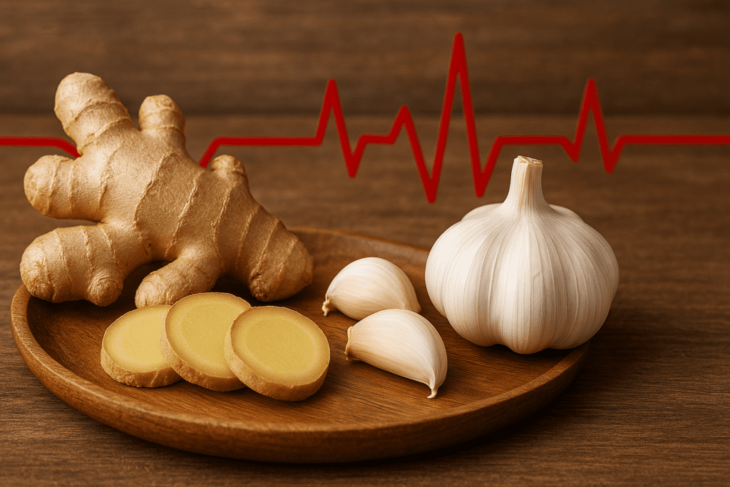 Whole ginger root, ginger slices, and garlic on a wooden plate with a red heartbeat line in the background, representing natural remedies for heart health and blood pressure support.