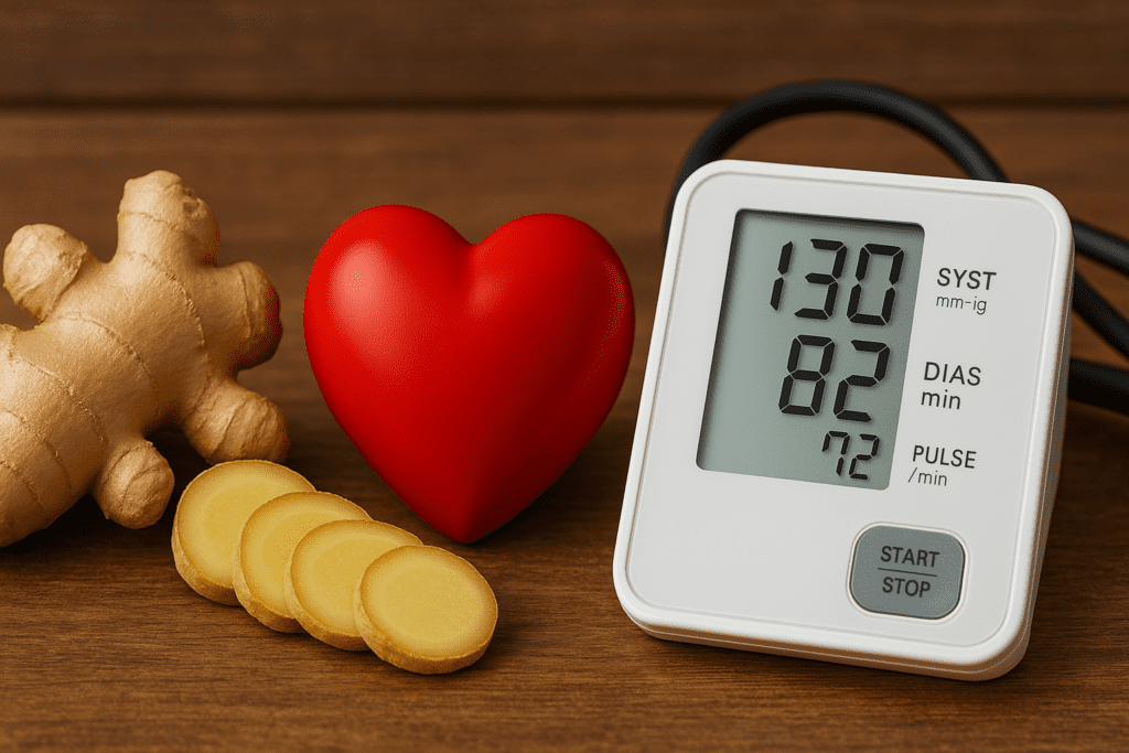 Ginger slices, red heart symbol, and digital blood pressure monitor displaying normal readings, set against a wood surface to emphasize ginger’s role in cardiovascular wellness.