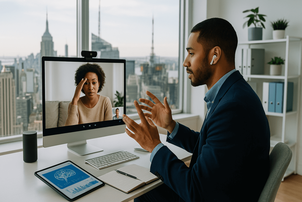 Male mental health tech founder in a modern NYC office conducting a virtual therapy session with a patient, surrounded by futuristic digital tools and a city skyline backdrop