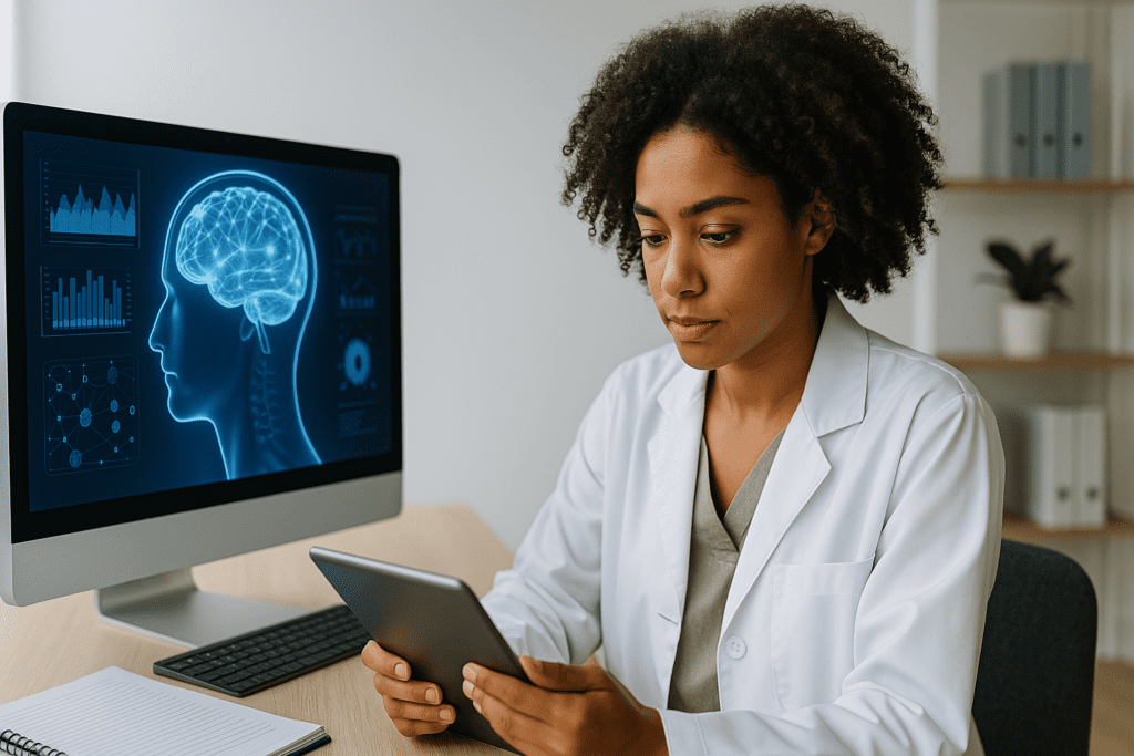 Focused female doctor analyzing brain scan data on a tablet in a minimalist tech-forward workspace, symbolizing NYC's cutting-edge mental health startups