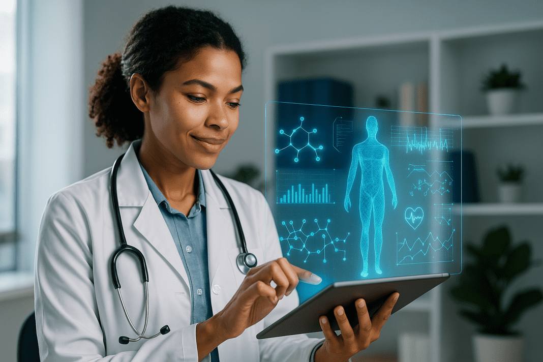 Female doctor using a tablet with a futuristic 3D holographic display showing human anatomy, molecular structures, and health data, representing AI-driven digital healthcare advancements